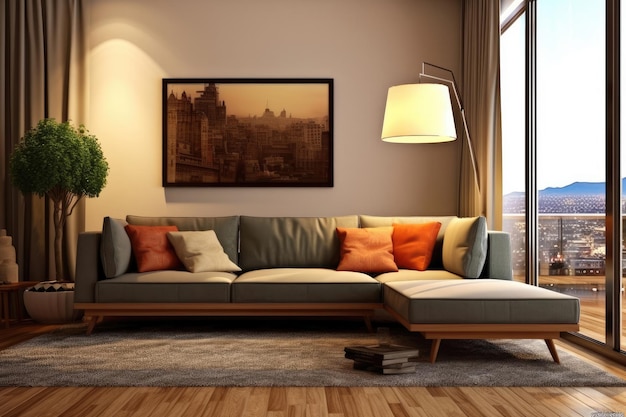 Современный дизайн гостиной с диваном и деревянной лампой