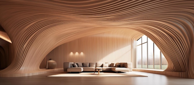 Foto moderno design del soggiorno con soffitto ad arco in legno e concetto di linee curve