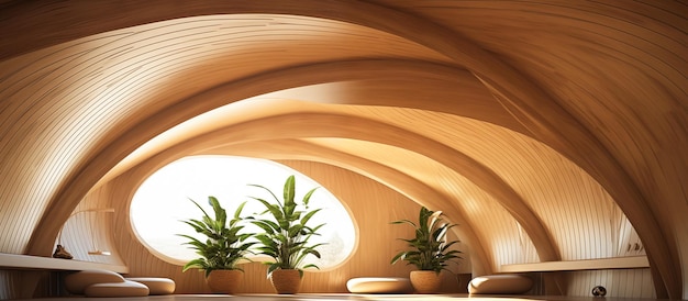 modern living room design of wooden arched ceiling and curved lines concept