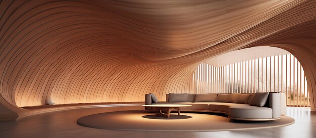 現代のリビングルームデザイン - 木製のアーチ付き天井と曲がった線のコンセプト
