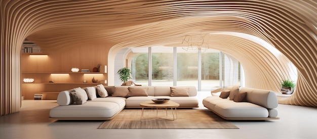 Foto moderno design del soggiorno con soffitto ad arco in legno e concetto di linee curve