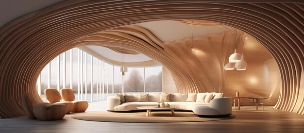 modern living room design of wooden arched ceiling and curved lines concept