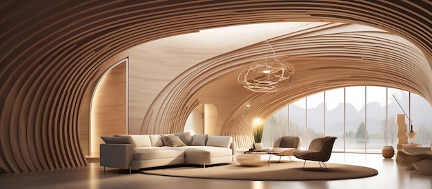 Foto moderno design del soggiorno con soffitto ad arco in legno e concetto di linee curve