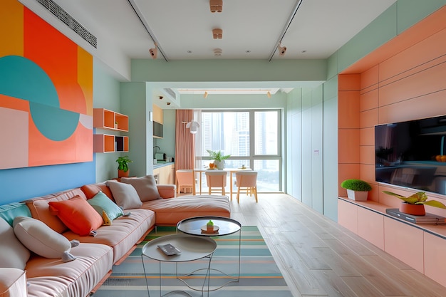 Foto moderno soggiorno e sala da pranzo con colori vivaci e design contemporaneo