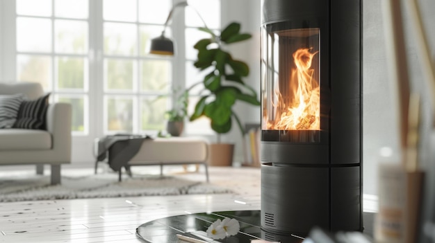 A modern living room embracing warmth with a sleek fireplace and comfortable furnishings