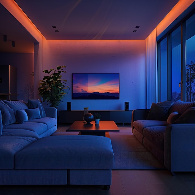 Modern living room at evening Dark room with some dim lights