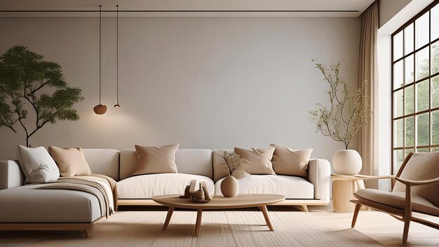 Photo modern living room featuring white furniture and window scandinavian style layout with blank wall