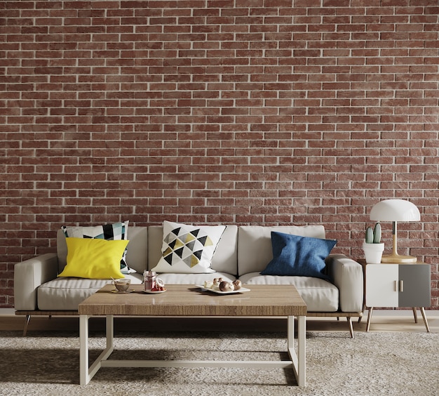 Modern living room in front of the red brick wall