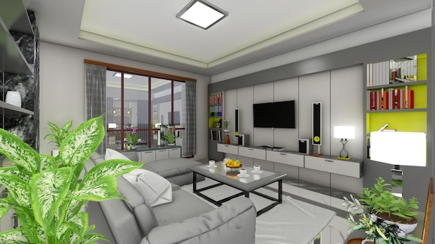 Modern living room in gray with panels on the wall with gray sofa and tv backdrop 3d renders