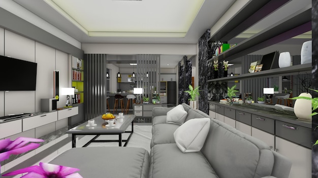 Modern living room in gray with panels on the wall with gray sofa and tv backdrop 3d renders