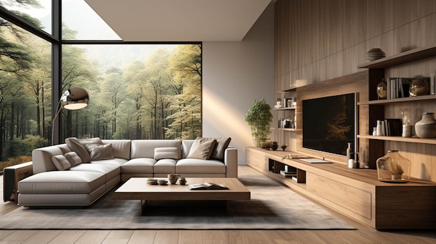벽 텔레비전 과 편안 한 소파 가 있는 현대적 인 실내 거실