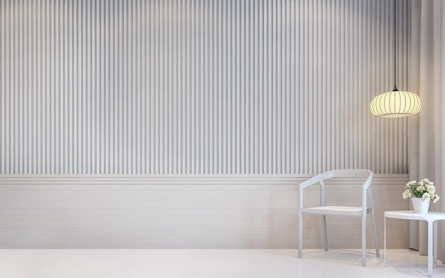 현대적인 거실 인테리어 3d 렌더링 흰색 의자와 따뜻한 조명 매달려 있는 램프로 방 장식