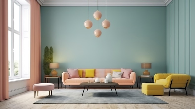 Modern living room interior background wall mock up 3d render Generative Ai