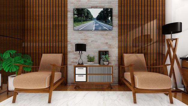 Modern living room interior beige furniture marble floor and sofa 3d rendering