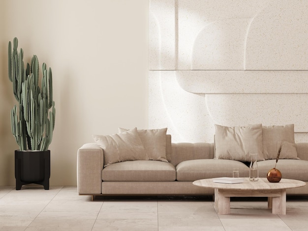 Foto interiore moderno del salone nei toni del beige con il rendering 3d del pannello murale in pietra e cactus del divano