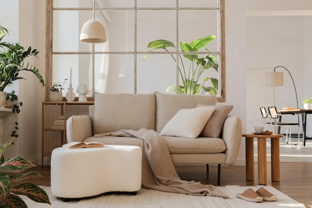 Composizione interna soggiorno moderno con divano beige tavolino in legno ed eleganti accessori per la casa spazio copia modello sala da pranzo sullo sfondo