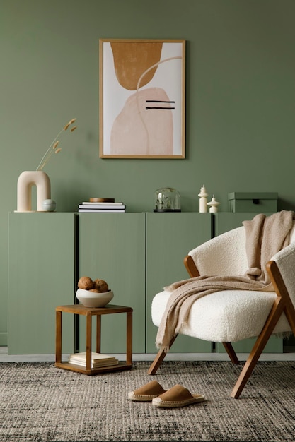 모의 포스터 프레임 프로테 안락의자 나무 화장실과 현대적인 홈 액세서리 유칼립투스 벽 템플릿 복사 공간 실제 사진이 있는 현대적인 거실 인테리어 구성