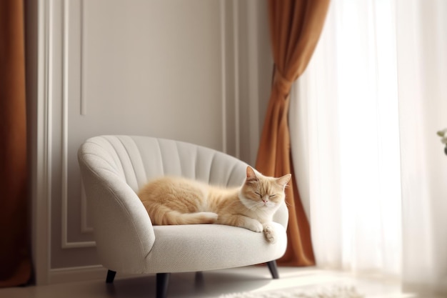 Современный интерьер гостиной Милая кошка рядом с диваном Генеративный ИИ