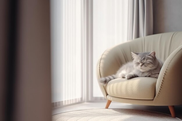 Modern living room interior Cute cat near couch Generative AI