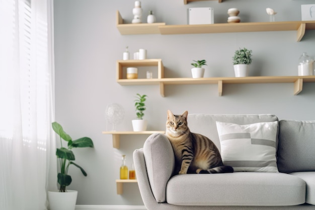 Modern living room interior Cute cat near couch Generative AI