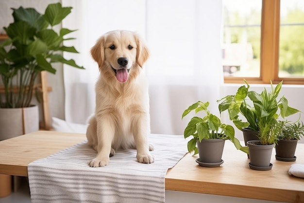 Modern living room interior Cute Golden Labrador Retriever near couch Generative AI