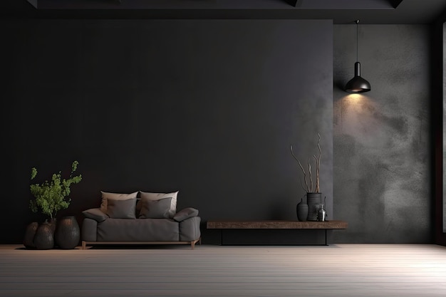 어두운 색상의 현대적인 거실 인테리어 디자인 어두운 소파 테이블 및 장식 Generative AI