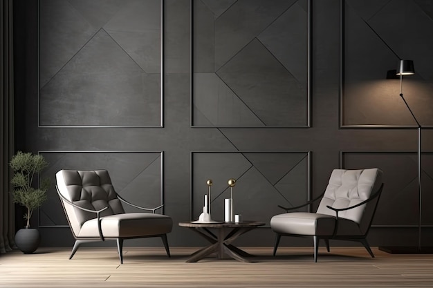 Modern living room interior in dark colors Design with armchair and gold decoration Generative AI