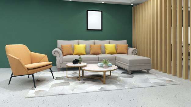Modern living room interior design 3d rendering illustration mock up