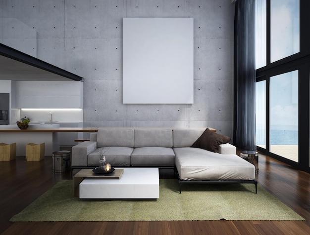 Photo modern living room interior design and concrete wall background and empty canvas frame