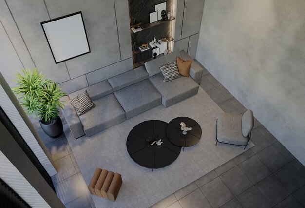 Фото Современный дизайн интерьера гостиной современный с естественными тонами на стенах комнаты, полу и потолке 3d рендеринг иллюстрации