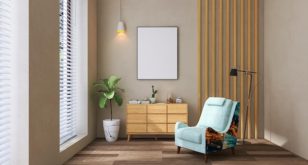 Modern living room interior design scene with blank photo frame mockup sofa floor lamp windows