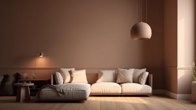 Современный дизайн интерьера гостиной теплое освещение нейтральная цветовая схема генеративный ИИ