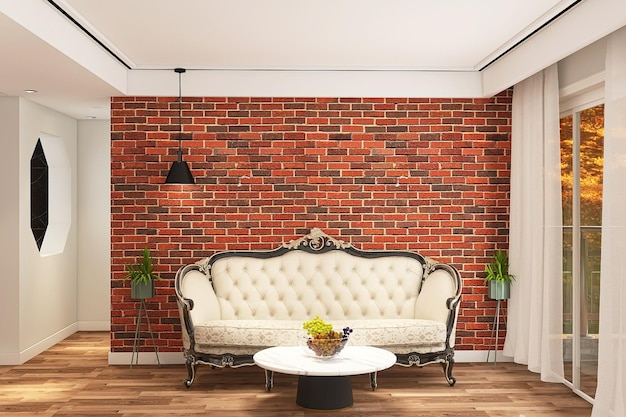 Modern living room interior design with bricks texture wall\
background sofa lights plants