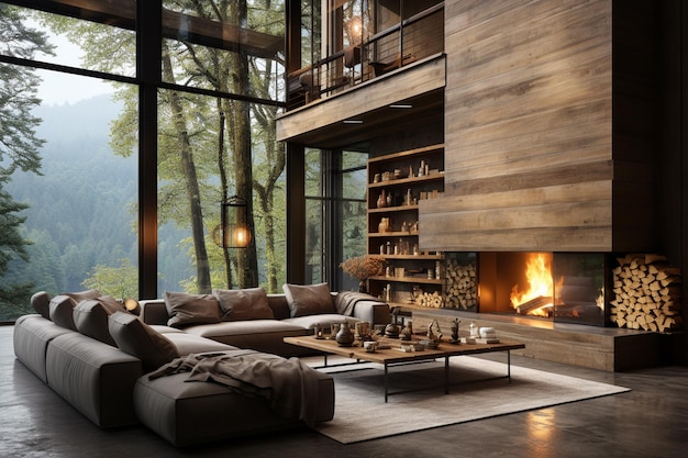 современный дизайн интерьера гостиной с камином и деревянной мебелью