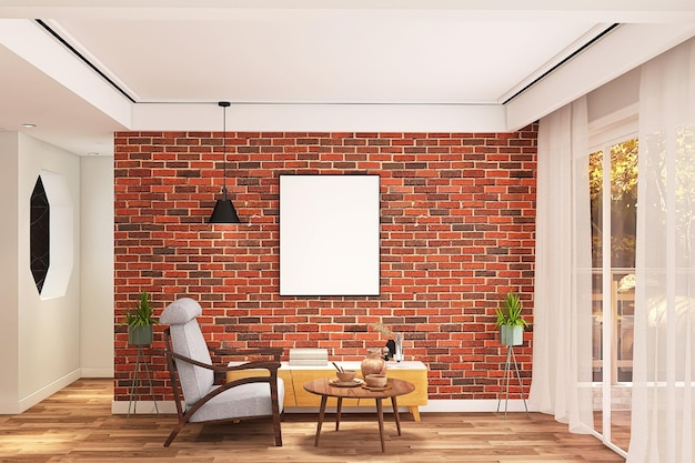 Modern Living Room Interior Design with Red Bricks Textured Wall Chair Media Unit Lights Plants