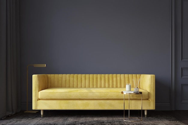 Modern living room interior Interior mockup The yellow couch near empty dark gray wall 3d render