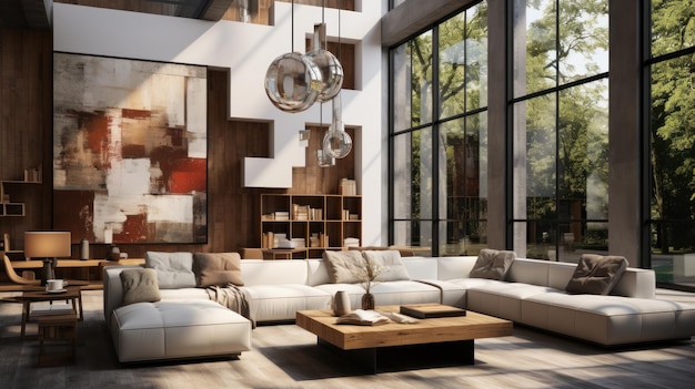 Modern living room interior in luxury house Large white corner sofa coffee table large abstract painting on the wall Floortoceiling windows with garden view Contemporary home decor