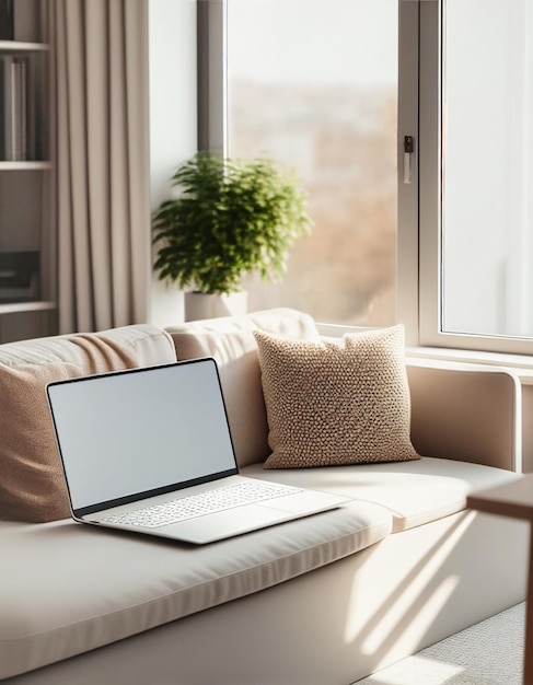 Modern living room interior in nature earthy tones with sofa coffee table shelves house plant Open laptopBig window Freelance work concept