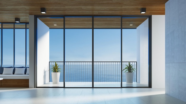 Soggiorno moderno interno e vista mare - rendering 3d