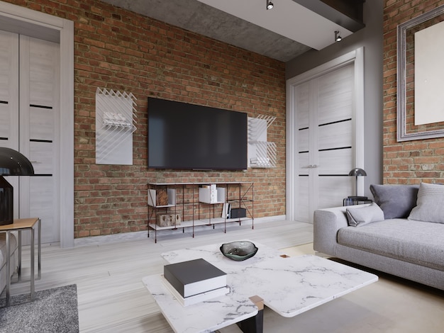 Modern living room interior, tv mounted on brick wall with black screen. 3d rendering