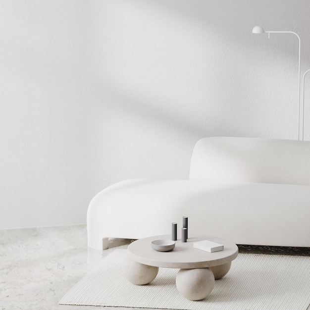 Foto soggiorno moderno interno in colore bianco con divano bianco e pavimento in marmo, parete vuota mock up, rendering 3d