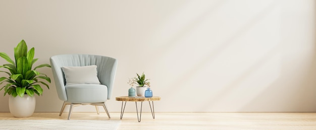 Современный интерьер гостиной с креслом и идеи украшения на фоне белой стены. 3D рендеринг