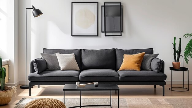 Modern living room interior with black sofa