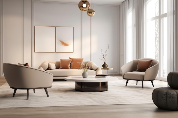 Modern living room interior with chairs and two coffee table AI