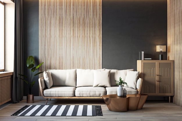 Modern living room interior with a cozy beige sofa and wooden accents featuring a black wall and decorative coffee table 3D Rendering