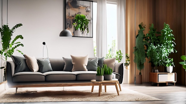 Фото Современный интерьер гостиной с уютным деревянным диваном много растений очень подробно
