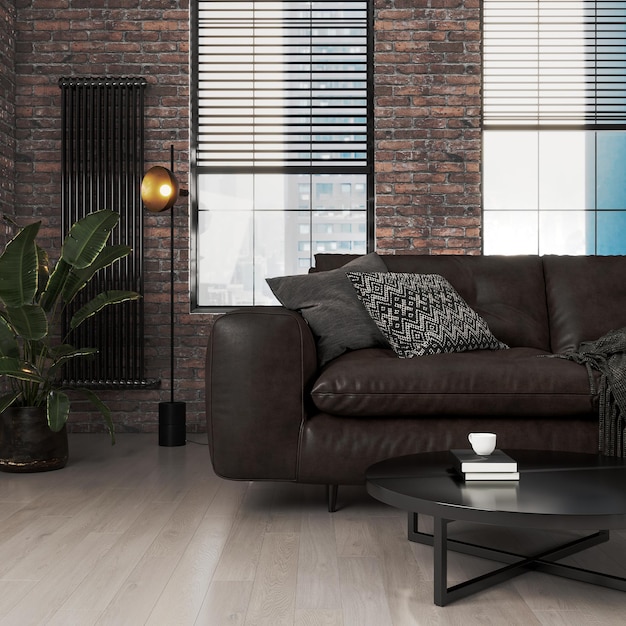 Photo modern living room interior with dark brown leather sofa in brick wall apartment 3d render