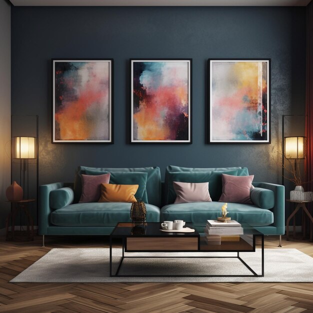 Modern living room interior with dark sofa and artwork frames