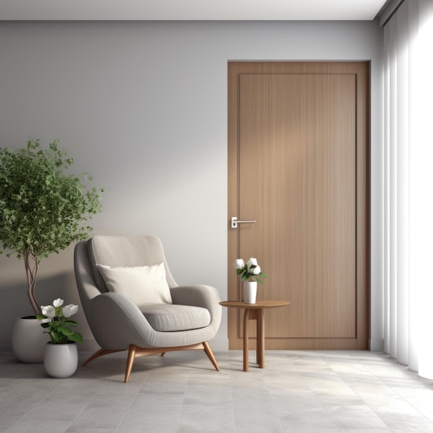 Modern living room interior with door and armchair 3d rendering