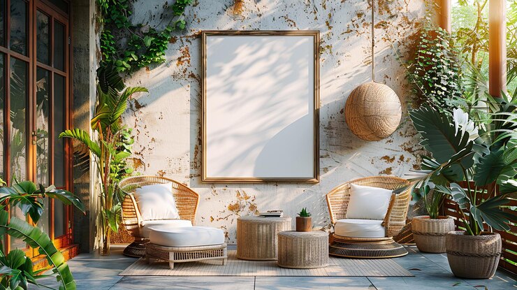 Modern living room interior with empty mock up photo Frame frame rattan wicker furniture and tropica